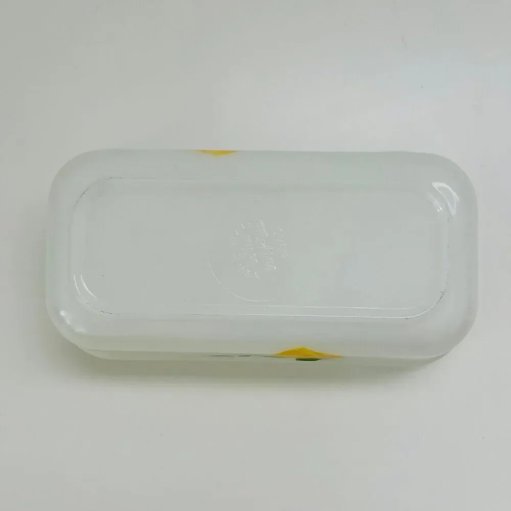 FIRE KING Gay Fad White Milk Glass Hand Painted Peach Fruit Pattern Loaf Pan